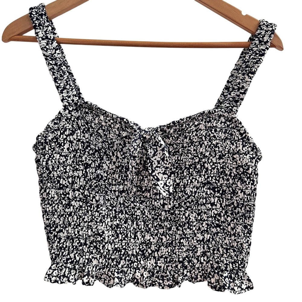 Sienna Sky Floral Smocked Crop Top L Tie Front Black White Boho Summer Beach NWT